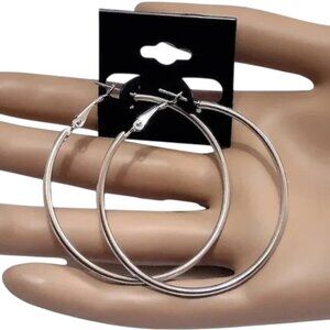 1 1/2 Inch 40mm Hoop Pierced Post Earrings Silver Tone Round With Support Clip